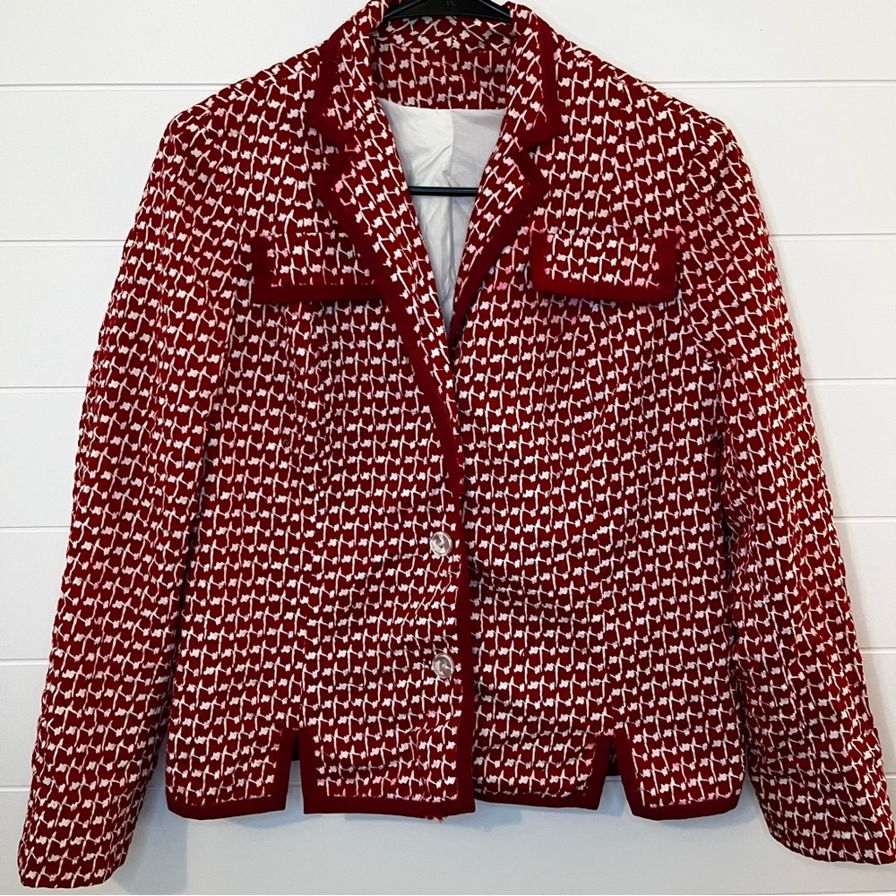 Women’s Red Patterned Women's Blazer Vintage Retro M-L Button Accents Handmade